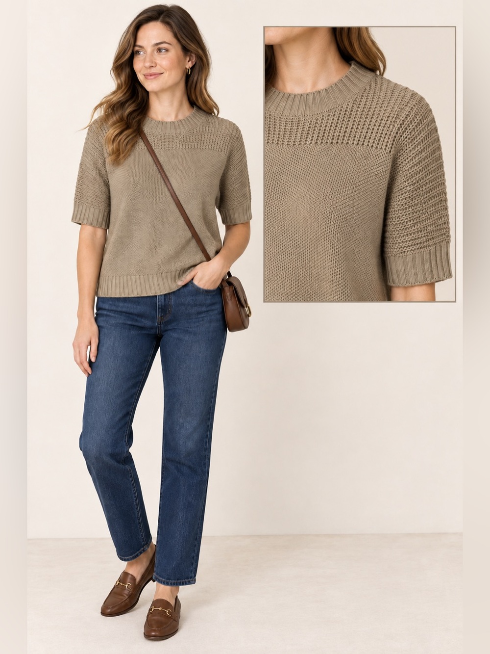 Blair Taupe Shaker Stitch Short Sleeve Dolman Sweater Size M